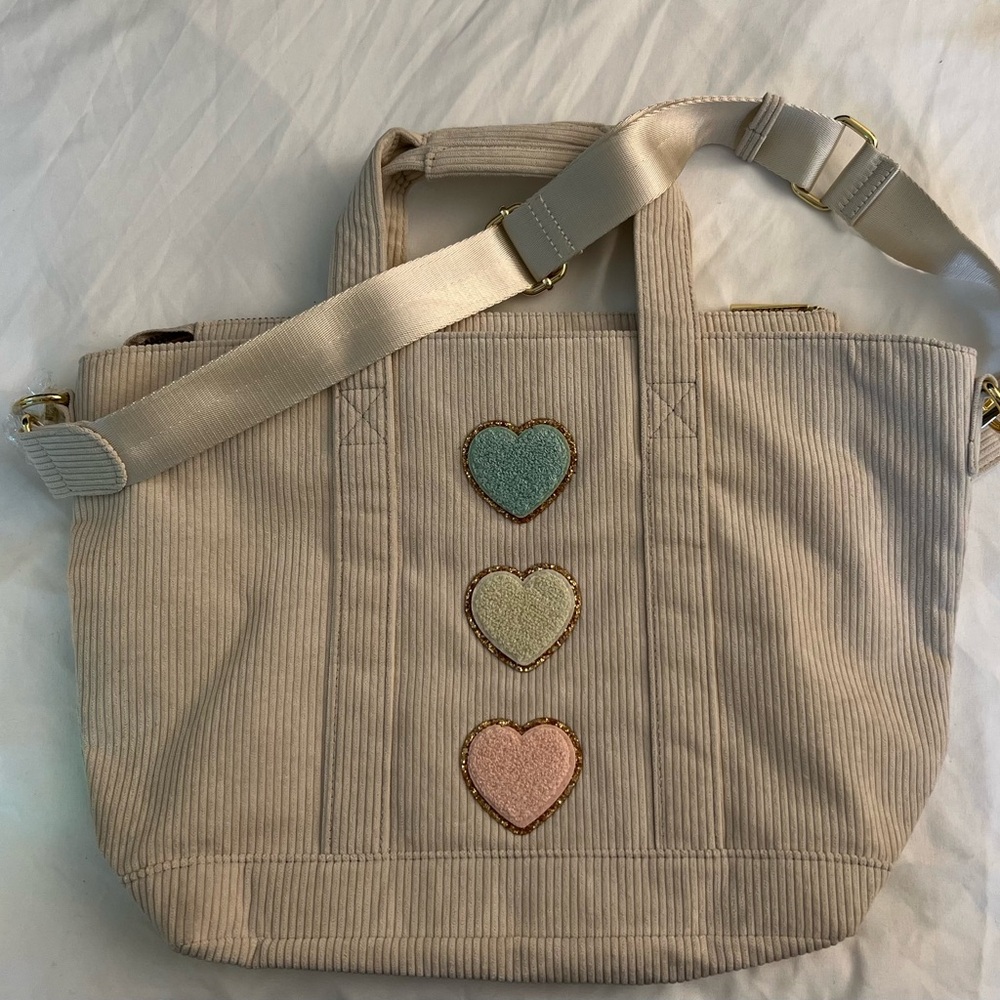 Stoney Clover Lane Beige Corduroy Tote Bag Heart Accents Initial R